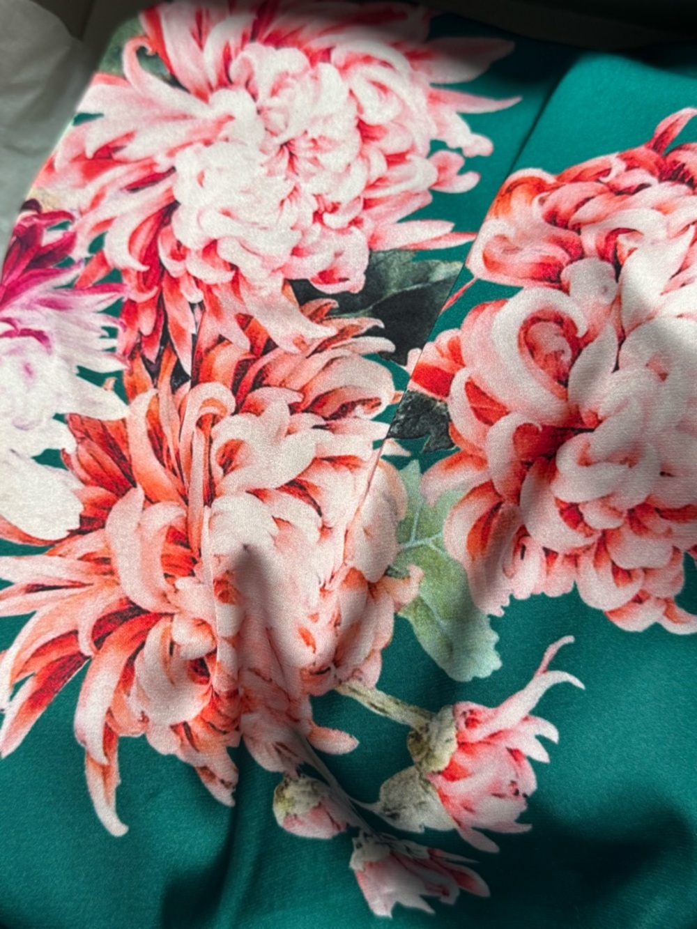 Floral Satin Long Kimono Robe in Emerald Green with Chrysanthemum Detailing - Picture 10 of 10
